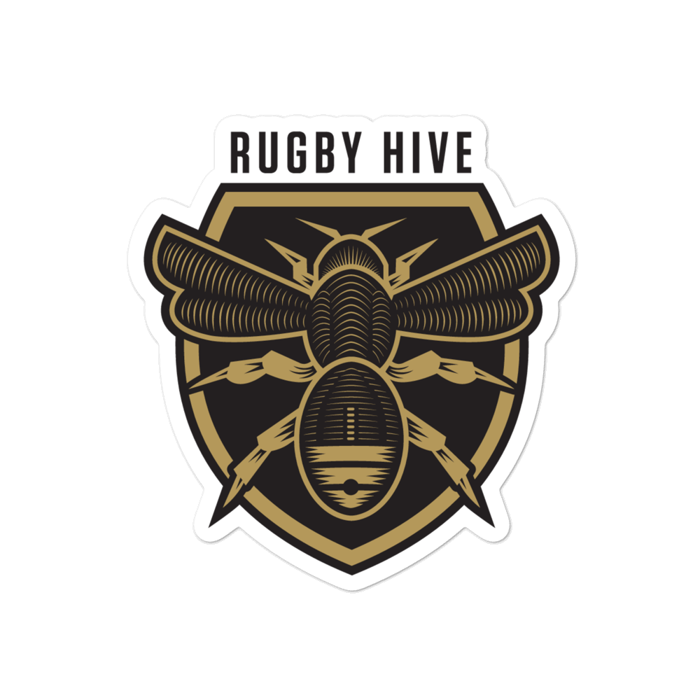 A Rugby Hive Sticker on a green background.