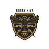 A Rugby Hive Sticker on a green background.