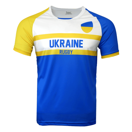 White, blue, yellow round neck short sleeve Ukraine jersey. White chest with yellow horizontal stripes in center blue torso. Ukraine in blue in center with Rugby below. 