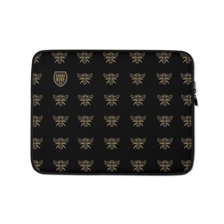 A Rugby Hive Laptop Sleeve with gold bees on it.