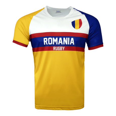 Nation of Rugby Romania shirt in gold, blue and white with the flag crest on the chest. Short sleeves and crew neck