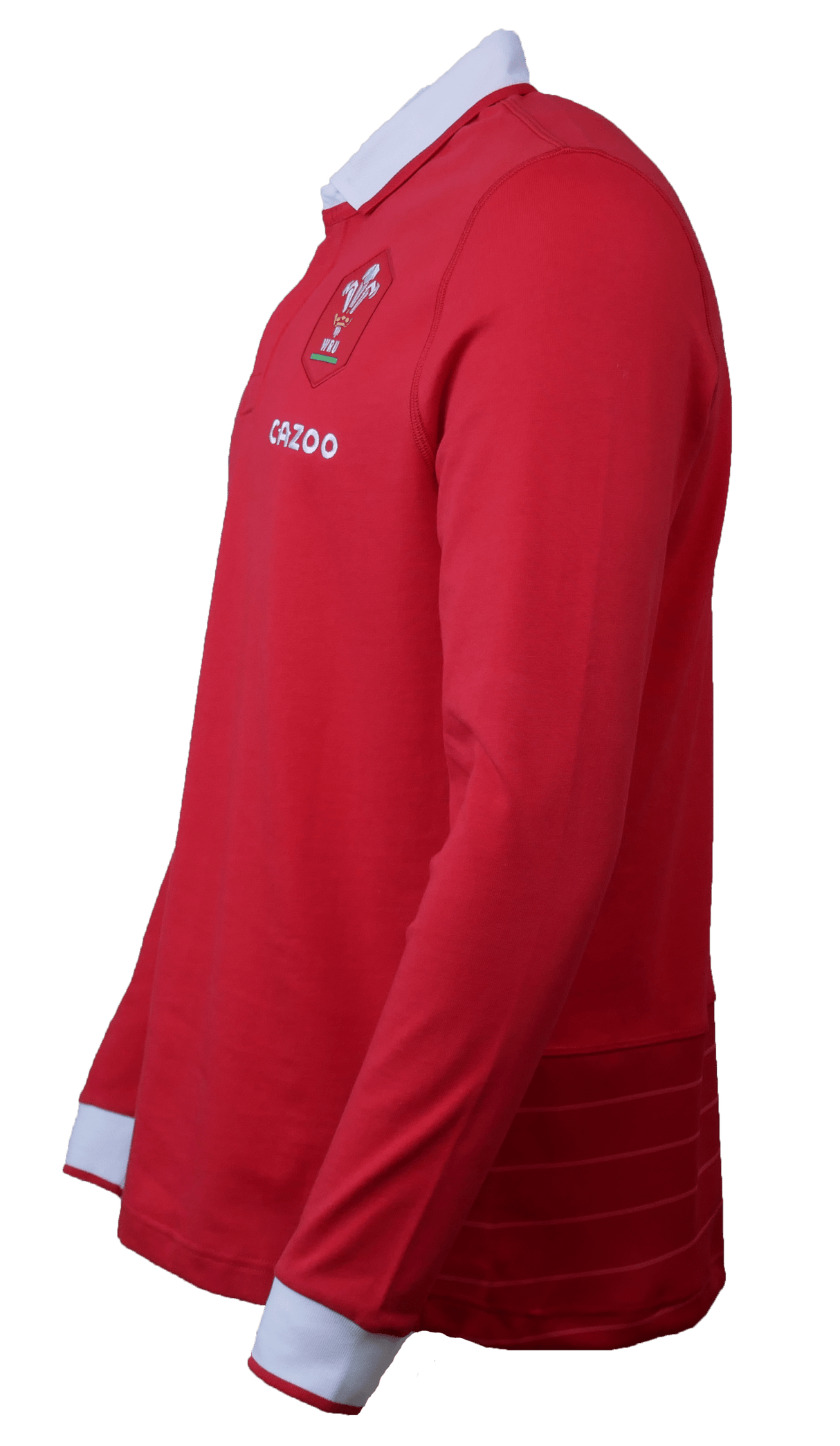 Side view of the Wales Long Sleeve Home Polo 22/23 by Macron in red, with white cuffs and collar. This jersey, reminiscent of a classic rugby shirt, features a logo on the chest and the word "Cazoo.