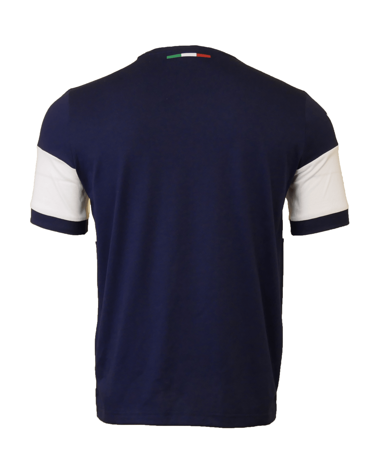 The back view of a Macron Italy FIR 'Italia' T-Shirt with white and blue stripes.