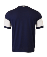 The back view of a Macron Italy FIR 'Italia' T-Shirt with white and blue stripes.