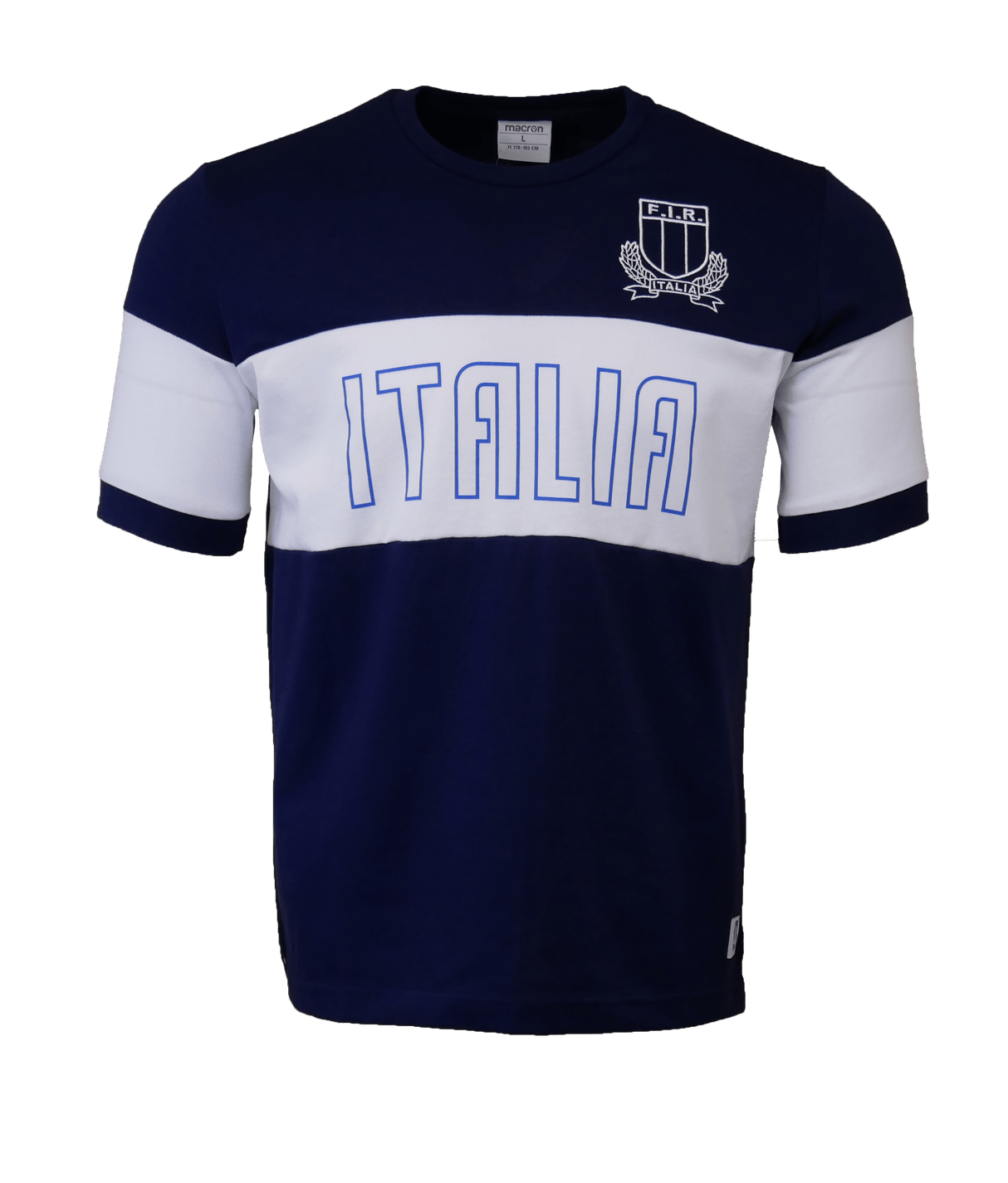 A navy and white Macron 'Italia' T-Shirt with the word Italy on it.