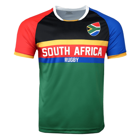 South Africa Rugby Jersey in the SA flag colors black, blue, green, red and gold  with a flag crest on the left-hand upper chest  and South Africa Rugby in white across the chest