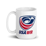 The PF LIC USA Wheelchair Rugby Mug showcases the USA Wheelchair Rugby logo, complete with an eagle and red stripes, and the text "USA WR" underneath. This ceramic mug is both dishwasher and microwave safe, ensuring durability and convenience for your daily coffee or tea.