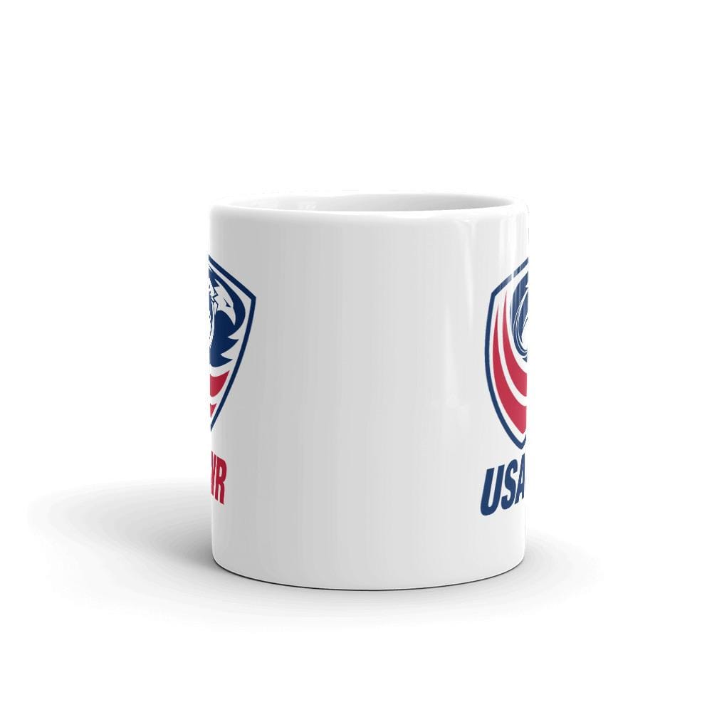 This USA Wheelchair Rugby Mug by PF LIC is a white ceramic coffee mug featuring a partially visible "USA" logo in a red, white, and blue design. It is both dishwasher and microwave safe, making it convenient for everyday use.