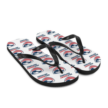 White Flip-Flops with Black Straps and USA Rugby Referee Logos All Over