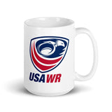 This ceramic USA Wheelchair Rugby Mug from PF LIC features the USA WR logo with an eagle design in red, white, and blue accents. It's dishwasher and microwave safe for convenient everyday use.