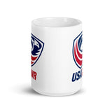 The USA Wheelchair Rugby Mug by PF LIC is a white ceramic mug featuring a logo of a stylized eagle and the text "USA WR" in blue and red, making it perfect for any wheelchair rugby enthusiast. Both dishwasher and microwave safe, this mug combines practicality with style.