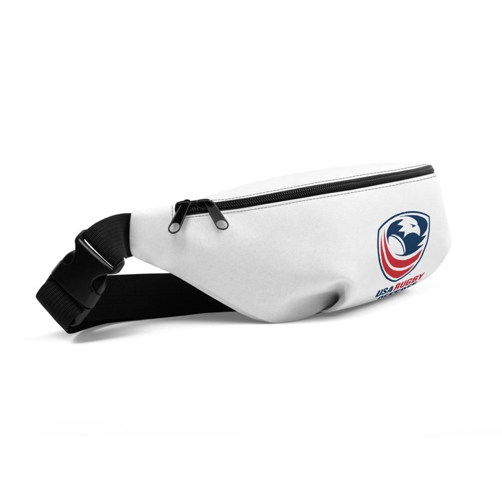 Angled View of White Fanny Pack with USA Rugby Referee Logo