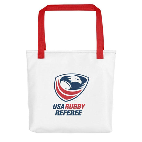 White Fabric Tote Bag with USA Rugby Referee Logo on Red Handle