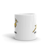 A white South Africa Springboks Rugby Mug with a yellow kangaroo on it.