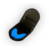 a black SISU Mouthguard Case with a blue design inside of it.