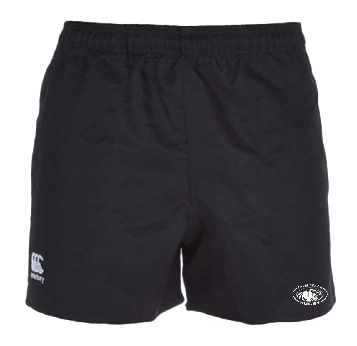 Palm Beach Panthers Rugby Canterbury Black Professional Polyester Pocketed Rugby Shorts with a white logo on the side.