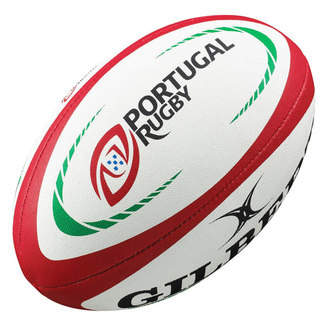 A close up of a Gilbert Portugal Replica Rugby Ball on a white background.