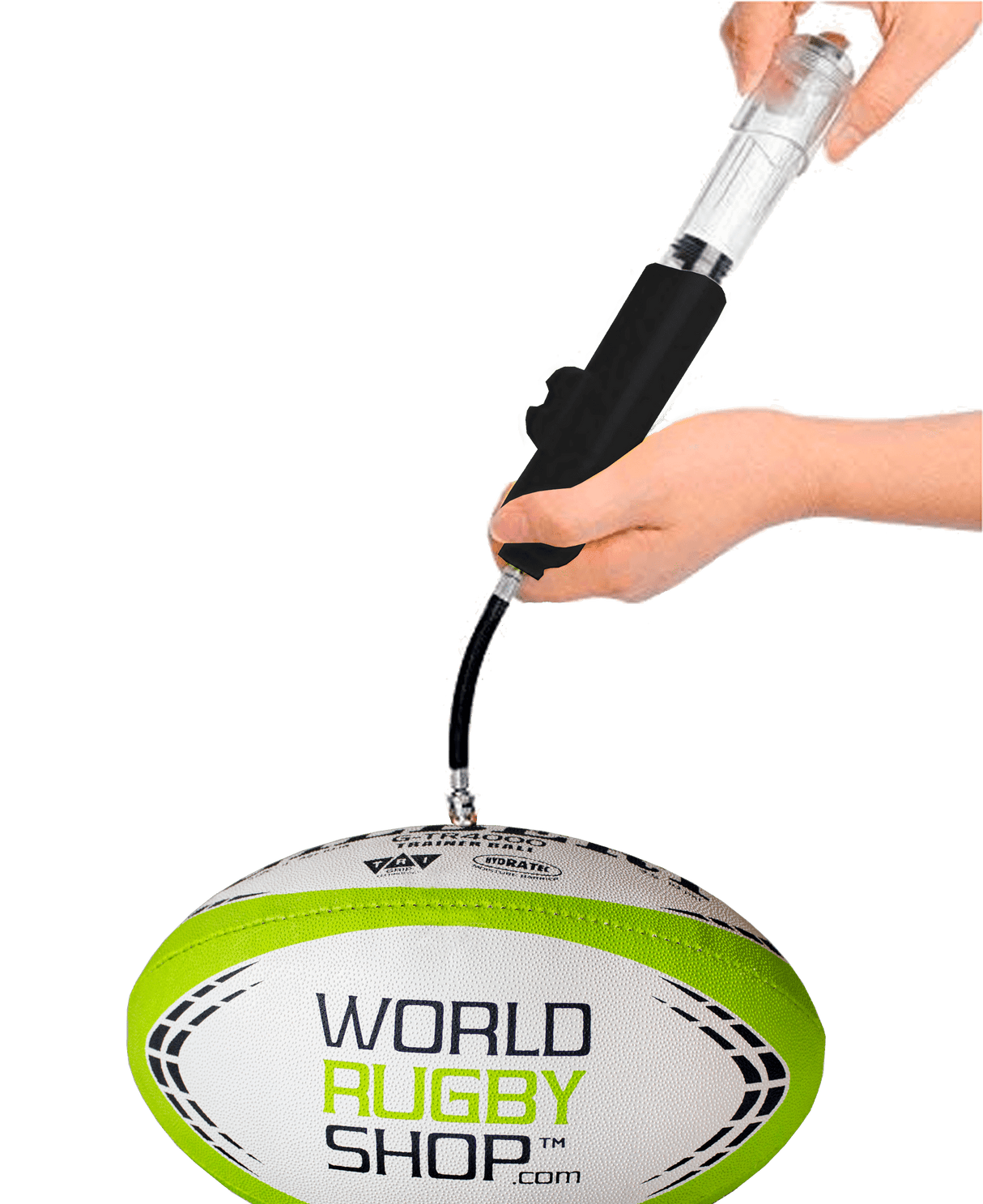 Hands holding pump while pumping air into a rugby ball