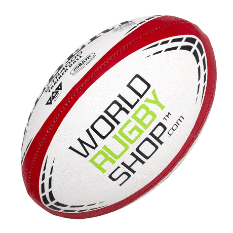 A Gilbert rugby ball with the word world rugby shop on it.