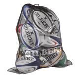 rugby ball mesh bag by gilbert quality equipment transport back with white gilbert logo screen printed drawstring closure