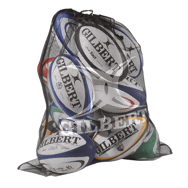 rugby ball mesh bag by gilbert quality equipment transport back with white gilbert logo screen printed drawstring closure