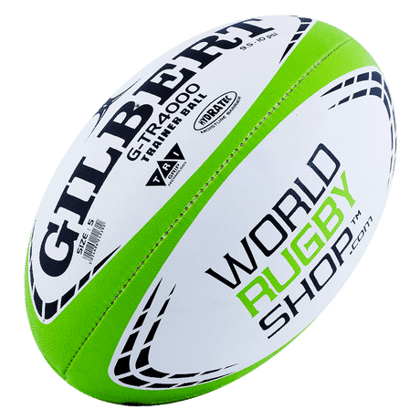 A Gilbert rugby ball with the word world rugby shop on it.