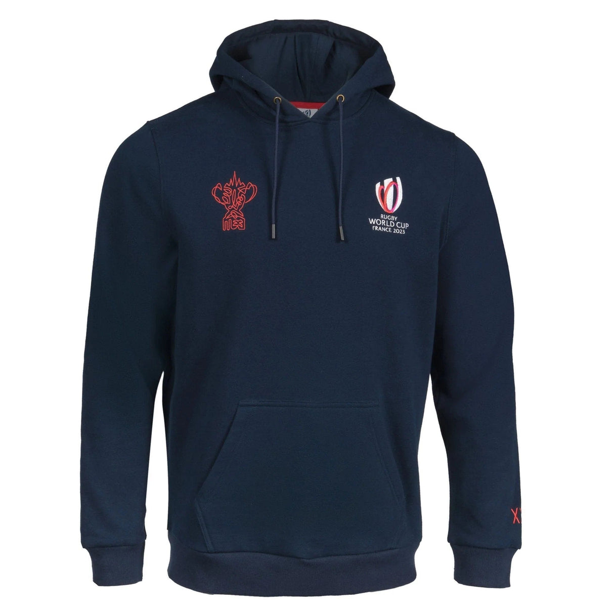 Navy long sleeve drawstring hoody with dual entrance front pocket, embroidered cup on upper right chest and RWC France 2023 on upper left chest.