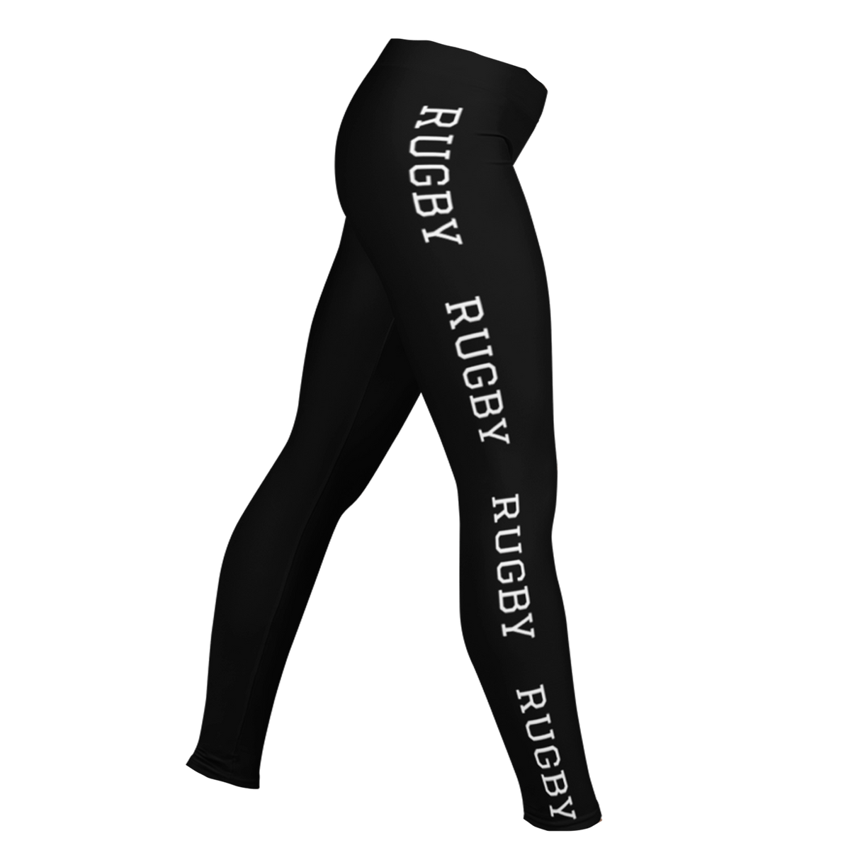 The Women's Rugby Leggings by PF LIC are made from a polyester/spandex blend for exceptional comfort and flexibility. They feature "RUGBY" in bold white letters on the side, with four-way stretch fabric to allow optimal movement.