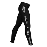 The Women's Rugby Leggings by PF LIC are made from a polyester/spandex blend for exceptional comfort and flexibility. They feature "RUGBY" in bold white letters on the side, with four-way stretch fabric to allow optimal movement.