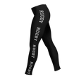 PF LIC's Women's Rugby Leggings, in black, are made from a polyester/spandex blend and feature "RUGBY" printed in white along the side. With their four-way stretch, they provide both style and comfort.