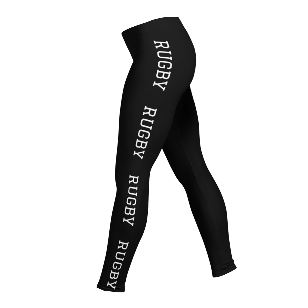 PF LIC's Women's Rugby Leggings, in black, are made from a polyester/spandex blend and feature "RUGBY" printed in white along the side. With their four-way stretch, they provide both style and comfort.