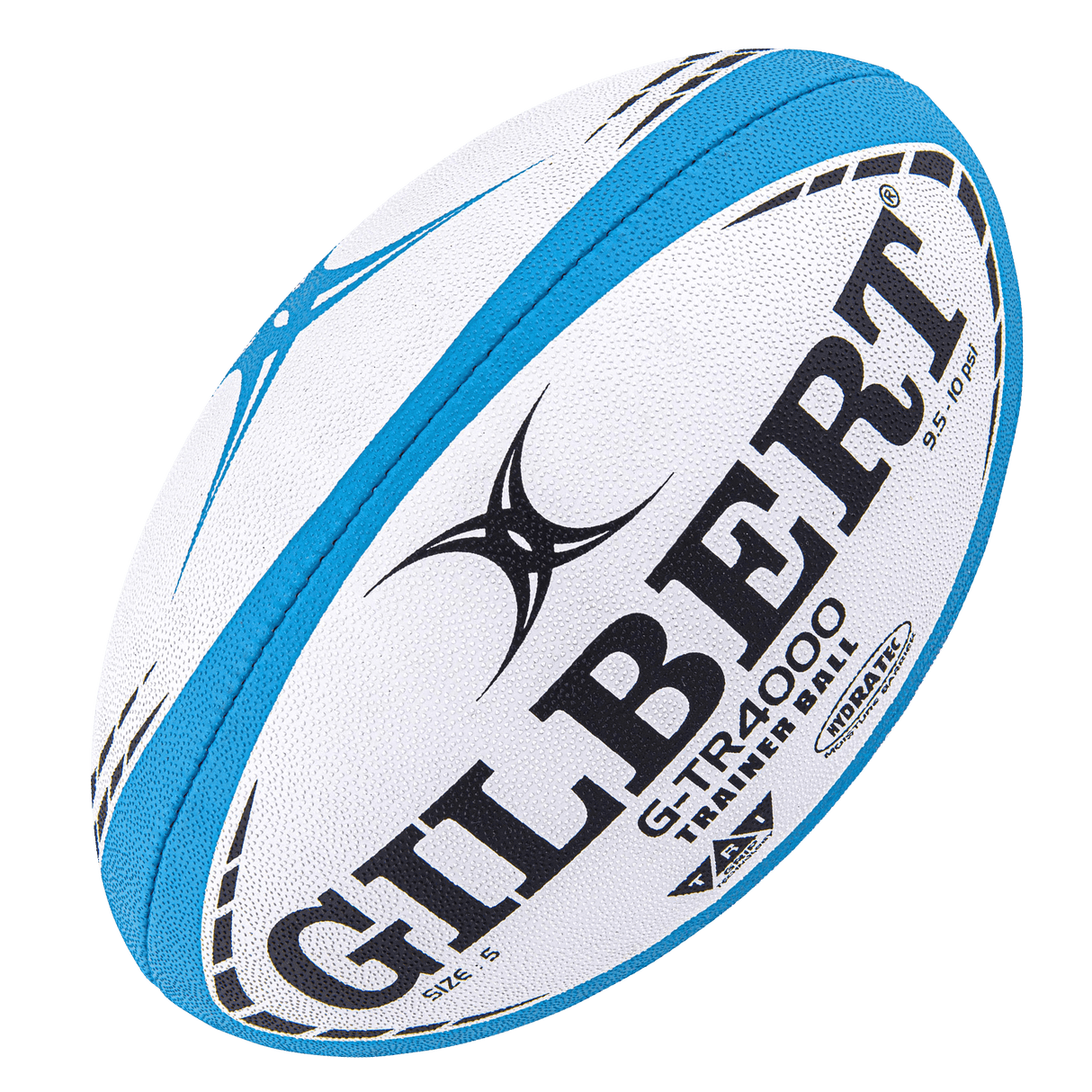 A white and blue Gilbert G-TR4000 Training Ball with the word Gilbert on it.