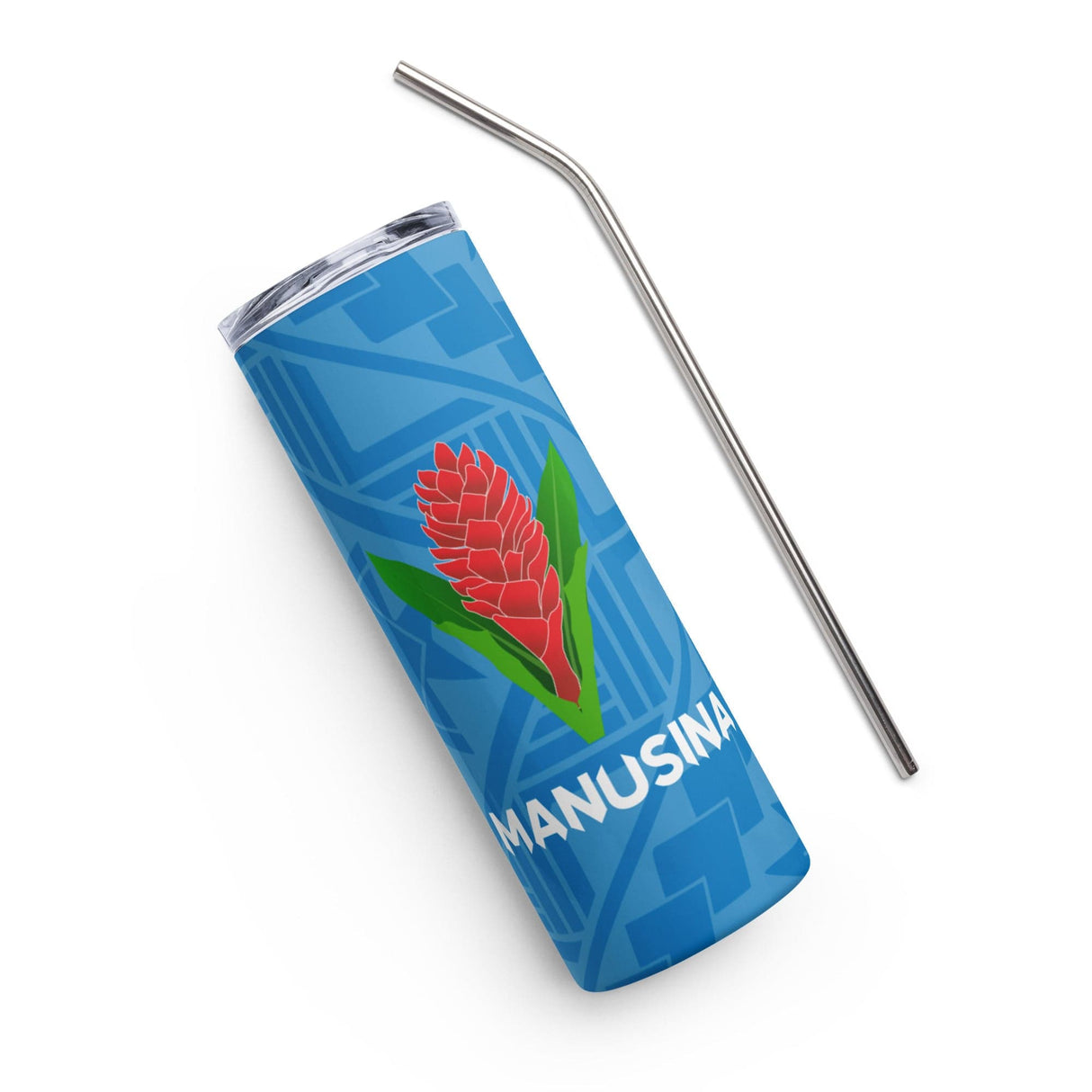 A Manusina Rugby Tumbler with a straw sticking out of it.