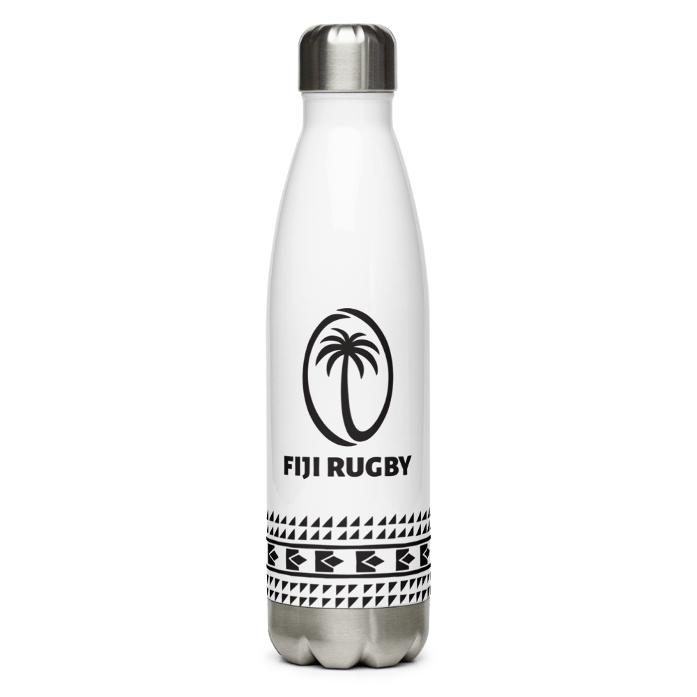 A Fiji Rugby Stainless Steel Water Bottle with a palm tree on it.