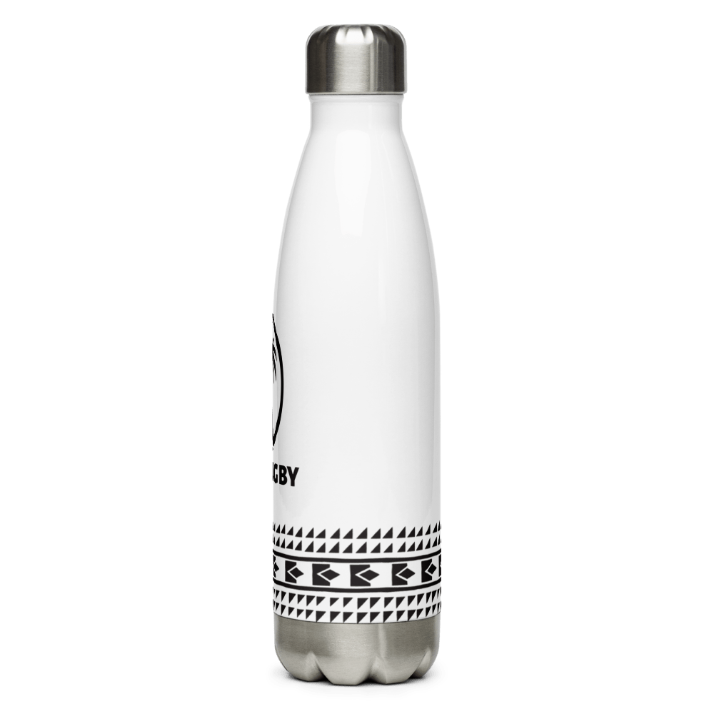 a Fiji Rugby stainless steel water bottle with a black and white design.