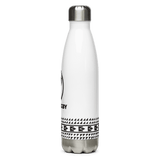 a Fiji Rugby stainless steel water bottle with a black and white design.