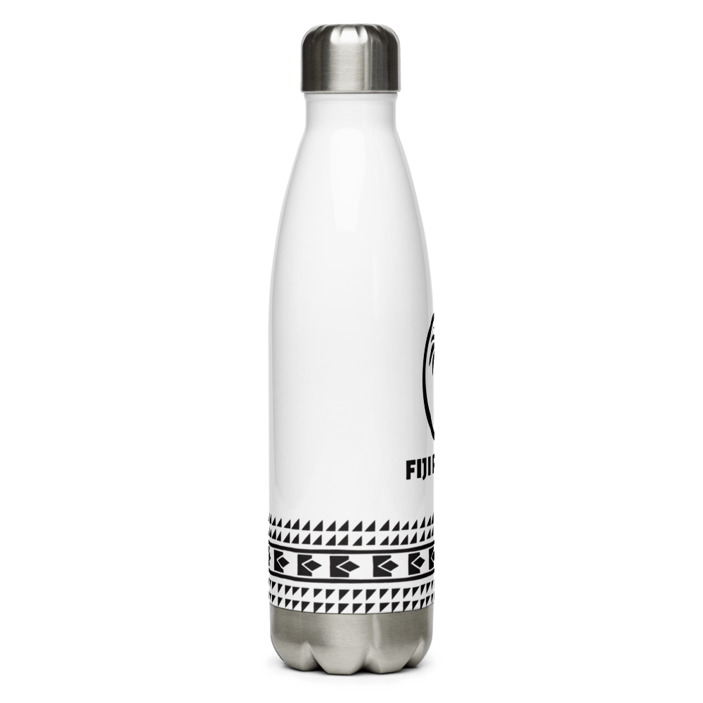 A Fiji Rugby Stainless Steel Water Bottle with a black and white design.