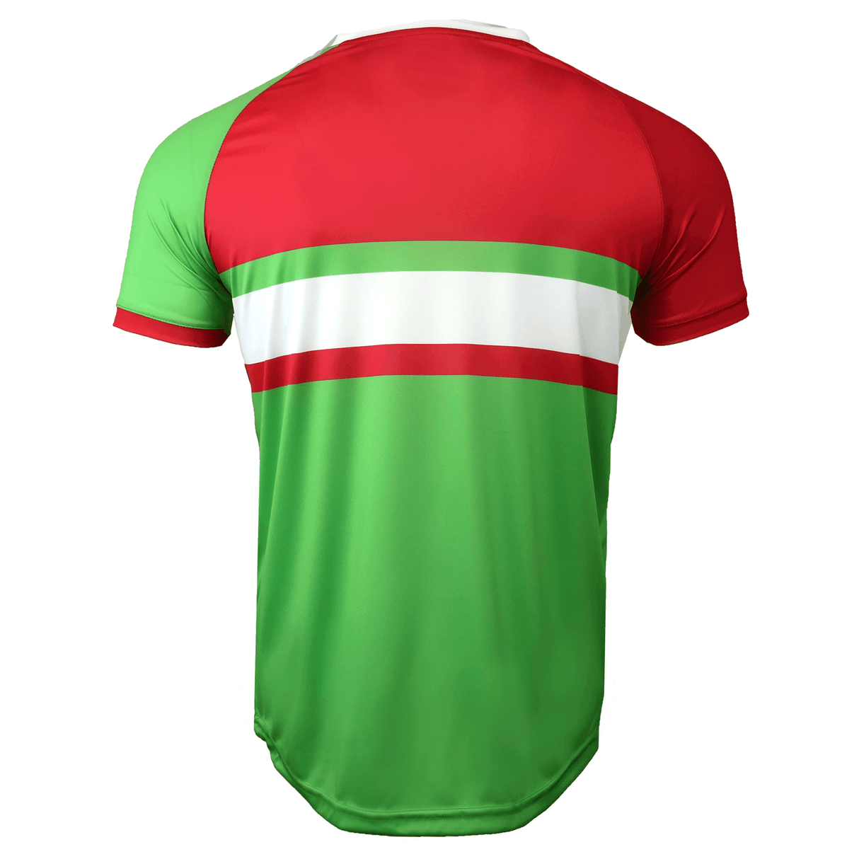 Back side of Wales round neck short sleeve jersey. Upper red back, right shoulder and sleeve, white round collar, and green left shoulder and sleeve trimmed in red. Green horizontal stripe across the upper chest with white stripe below and red stripe below the white. Green lower torso.  