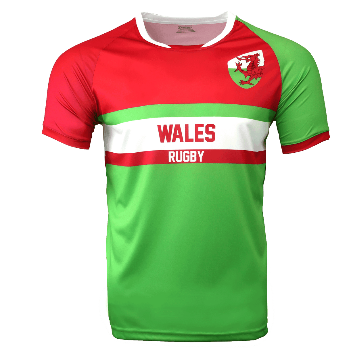 Wales rugby round neck short sleeve jersey. Upper red back, right shoulder and sleeve, white round collar, and green left shoulder and sleeve trimmed in red. Green horizontal stripe across the upper chest with white stripe below and red stripe below the white. Green lower torso.  