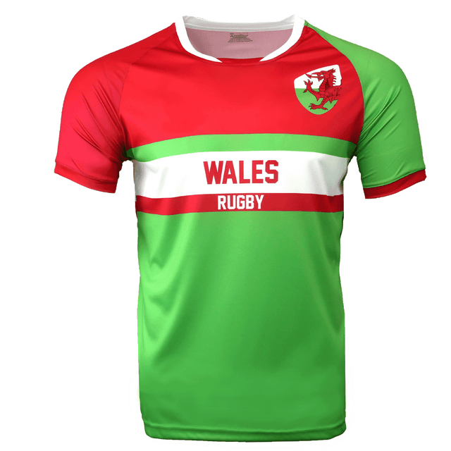 Wales rugby round neck short sleeve jersey. Upper red back, right shoulder and sleeve, white round collar, and green left shoulder and sleeve trimmed in red. Green horizontal stripe across the upper chest with white stripe below and red stripe below the white. Green lower torso.  