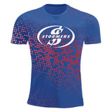 A Stormers Rugby Abstract T-Shirt with a blue and red design and red dots on it.