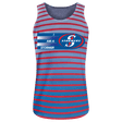 A women's Stormers Rugby Fan Singlet with blue and red stripes.