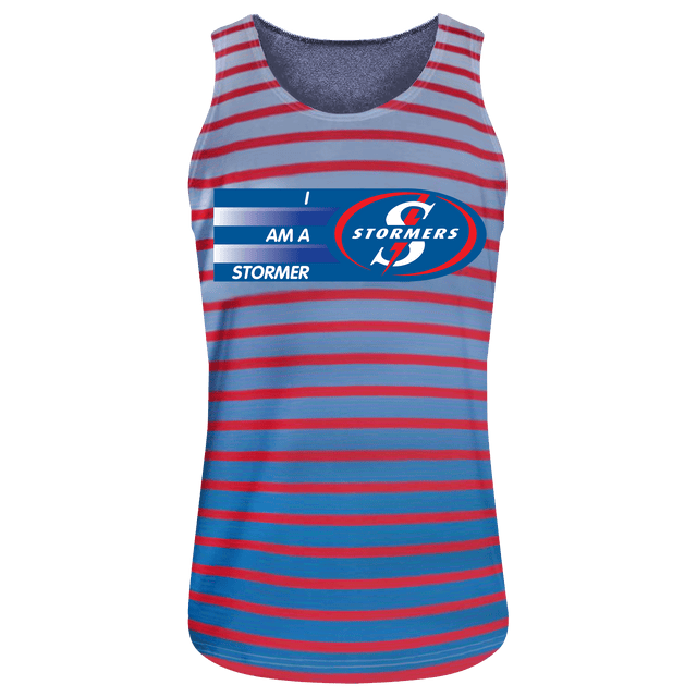 A women's Stormers Rugby Fan Singlet with blue and red stripes.