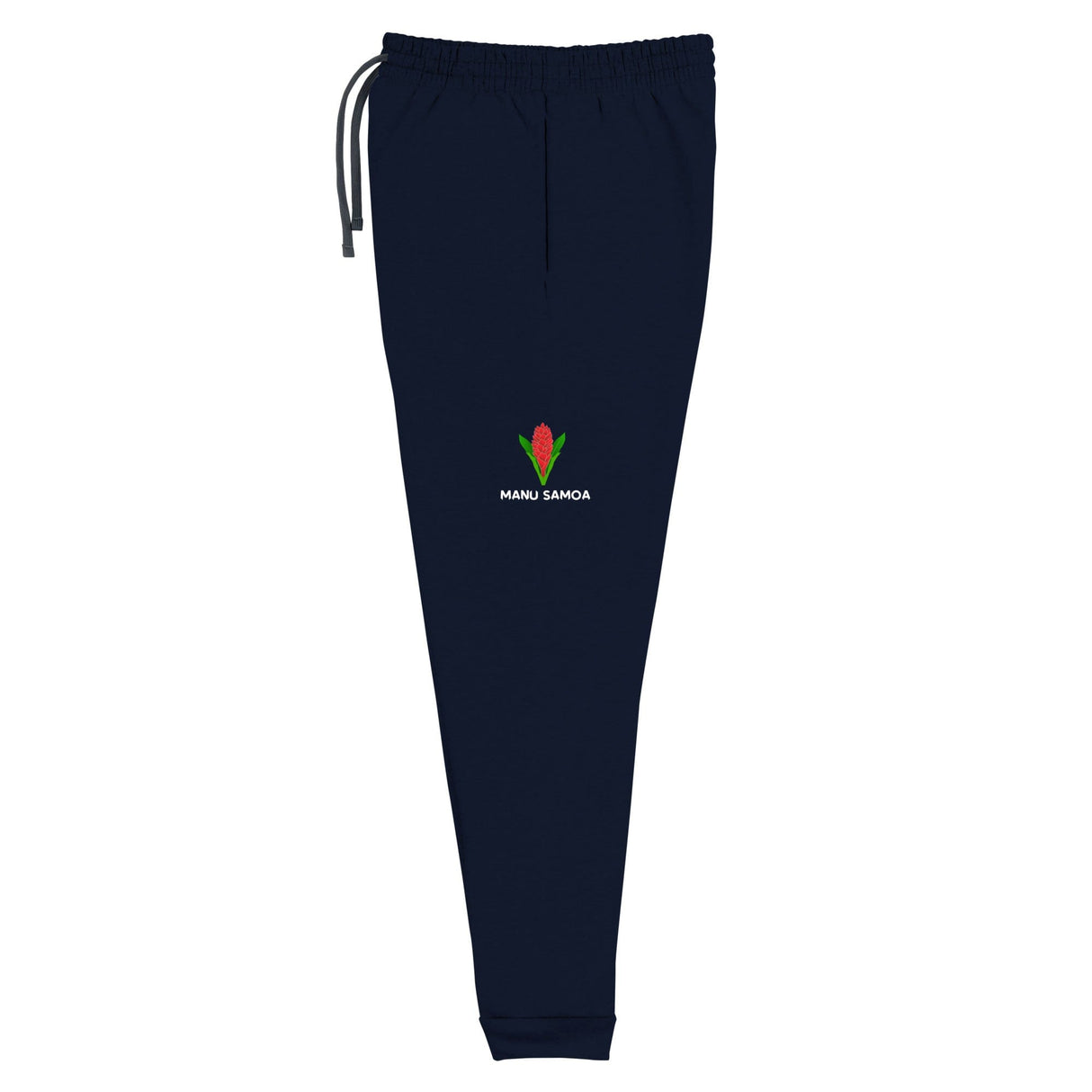 A pair of Manu Samoa Rugby Joggers with a red flower on the side.