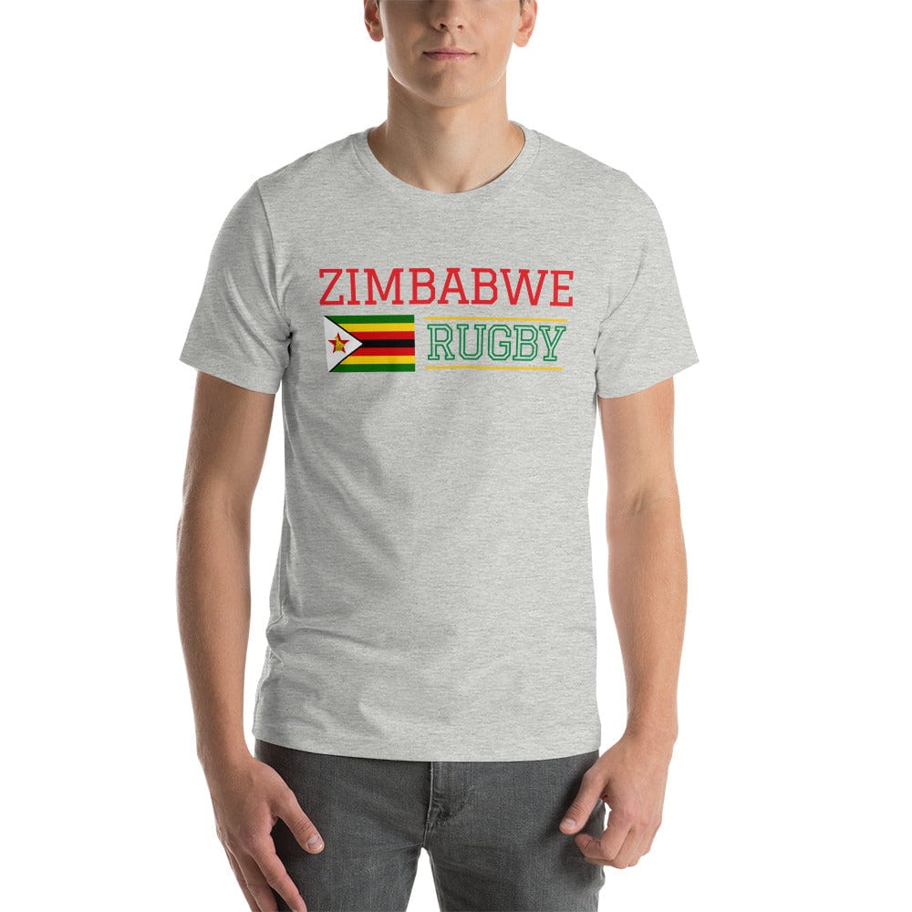 Light grey t-shirt with red and green 'Zimbabwe Rugby' inscription side a Zimbabwe flag, center front.