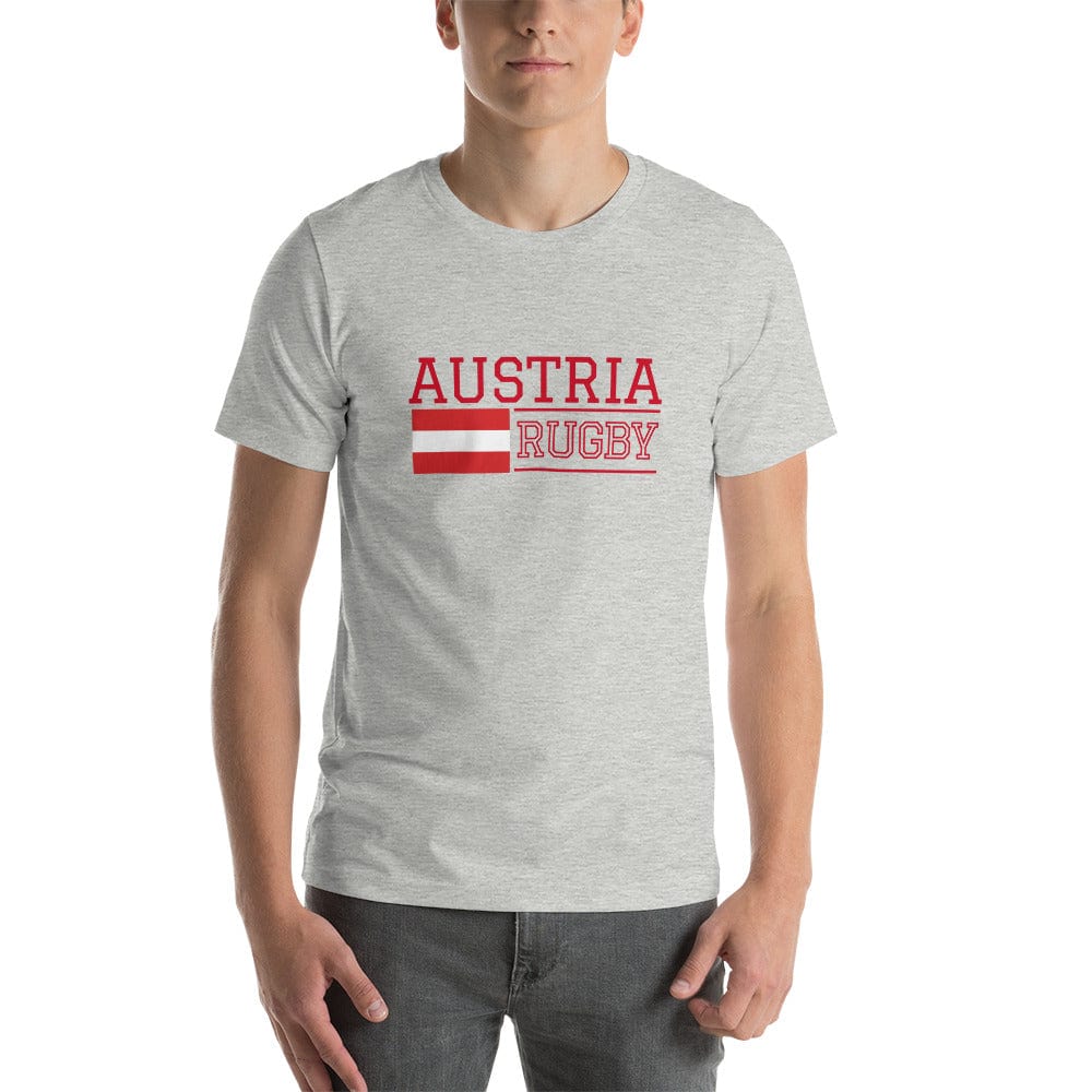 Heather grey t-shirt with Austria Rugby inscription and details from the country's flag