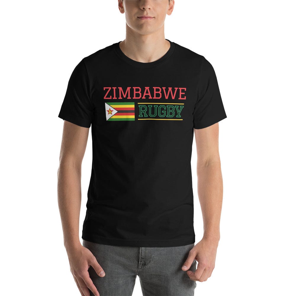 Black t-shirt with red and green 'Zimbabwe Rugby' inscription side a Zimbabwe flag, center front.