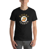 Black t-shirt with gold and white 'Rugby Uganda' inscription around a white circle hosting an image of Uganda featuring the country's flag design.