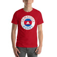 Red t-shirt with Cambodia Rugby inscription and red and royal blue details from the country's flag