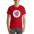 Red t-shirt with a white, red and blue circular design featuring a Norway Rugby inscription and Norway flag details.